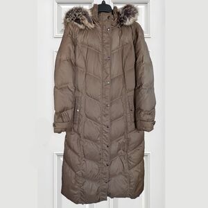 London Fog Long Chevron Puffer Coat | Removable Faux Fur Hood | Zipper & Snaps